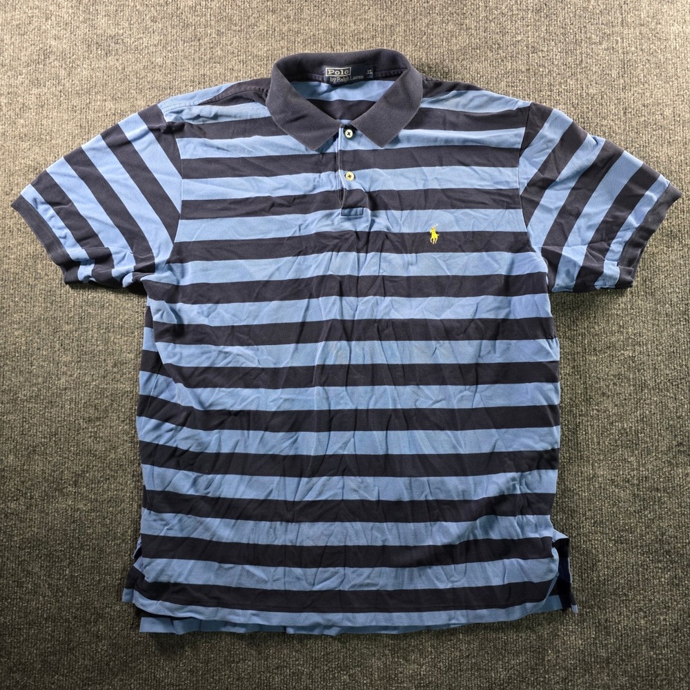 Polo Ralph Lauren Mens XL Blue Navy Striped Short Sleeve Pique Polo Shirt